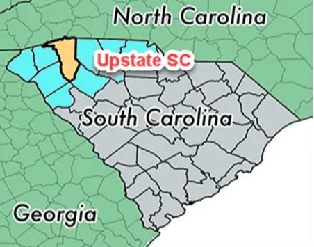 Map of the upstate South Carolina our criminal lawyers near me cover. The gold color is Greenville County, and our domestic violence lawyers focus of covering this geographic area in the Palmetto State.