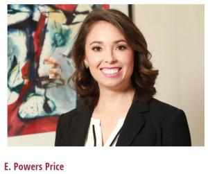 E. Powers Price, with her undgrad degree in English from the University of South Carolina. Partner at Price & Price Attorneys in Greenville County SC. Daughter of James Price III. Her reputation as one of the top local lawyers near me was evidenced by her being elected as the Greenville County Bar Association president in 2020.