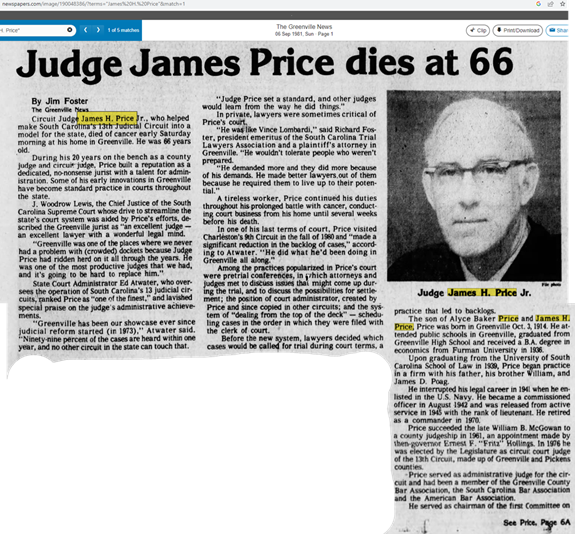Judge James Hardy Price Jr. was Chip Price's father. This obituary tribute to him and his legal career was in The Greenville News, in September of 1981.